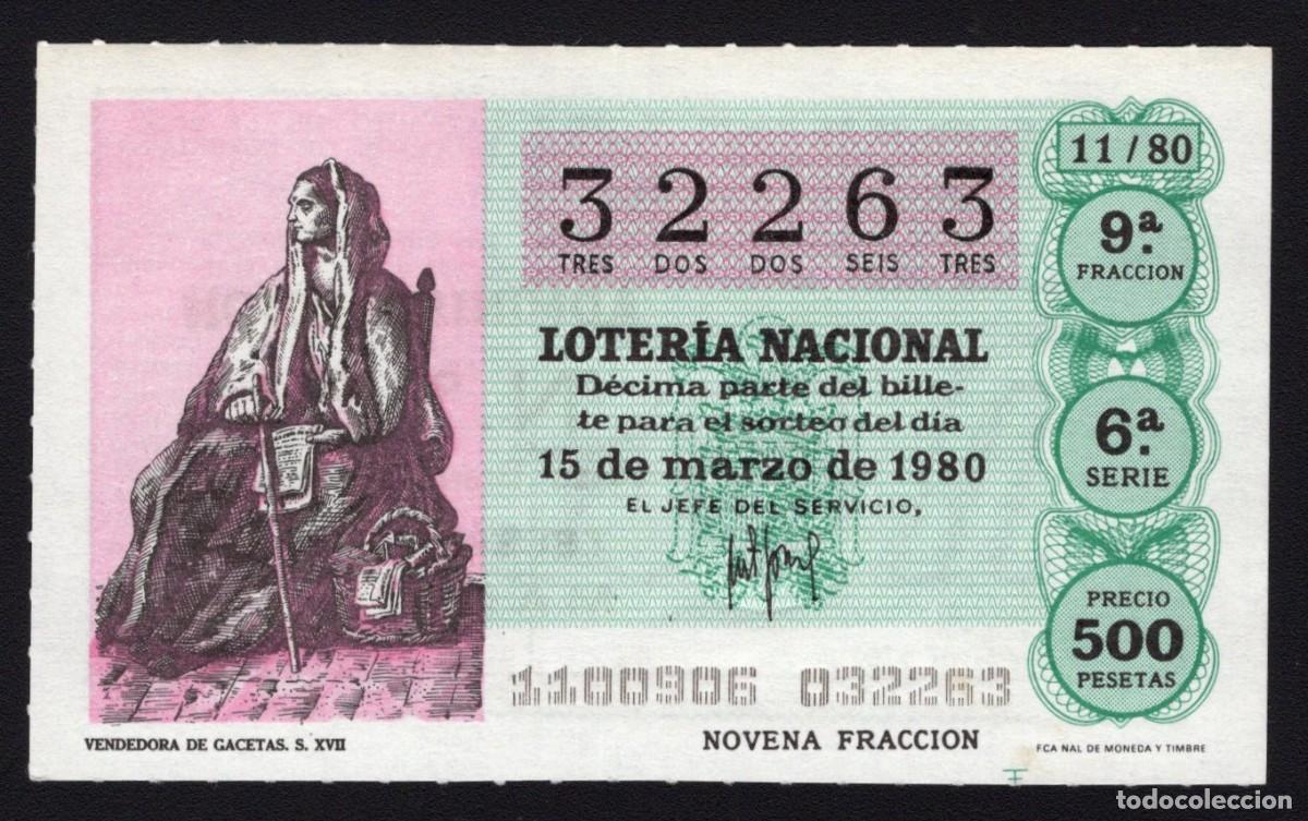 Loter&iacute;a Nacional: L. Nacional 15 Marzo 1980. Vendedora de Gacetas. N&ordm; 32263. Admon 51. Madrid. Desaparecida.