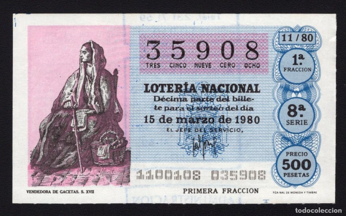 Loter&iacute;a Nacional: L. Nacional 15 Marzo 1980. Vendedora de Gacetas. N&ordm; 35908. Admon 154. Madrid. Desaparecida.