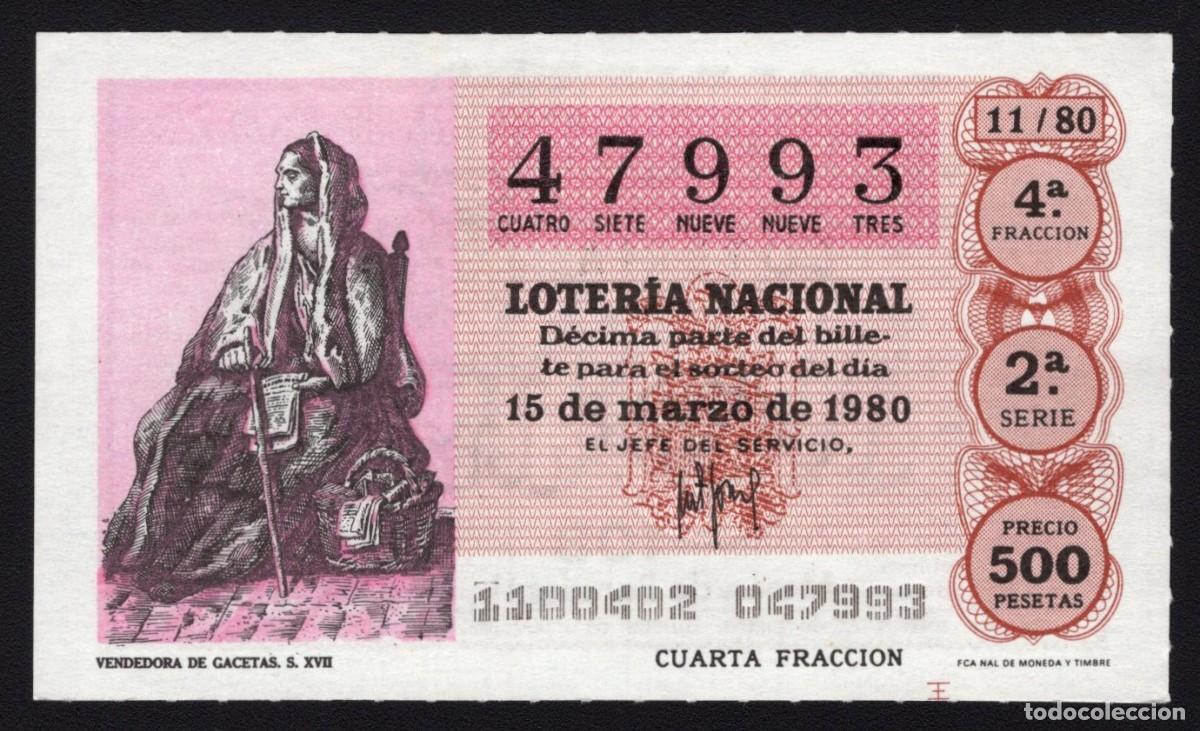 Loter&iacute;a Nacional: L. Nacional 15 Marzo 1980. Vendedora Gacetas. N&ordm; 47993. Admon Alhambra. Madrid. Desaparecida.