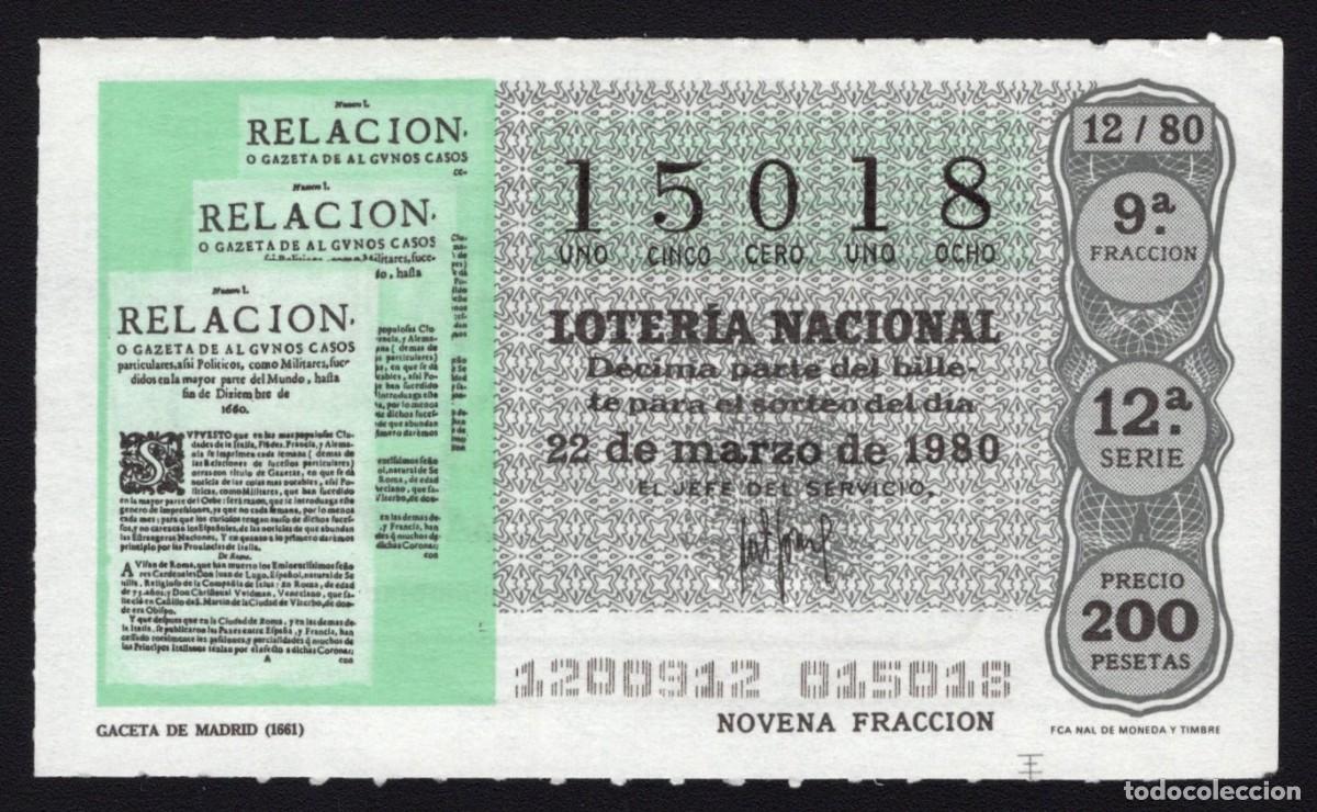 Loter&iacute;a Nacional: L. Nacional 22 Marzo 1980. Gaceta de Madrid (1661). N&ordm; 15018. Admon 7. Madrid. Cambio nombre calle.