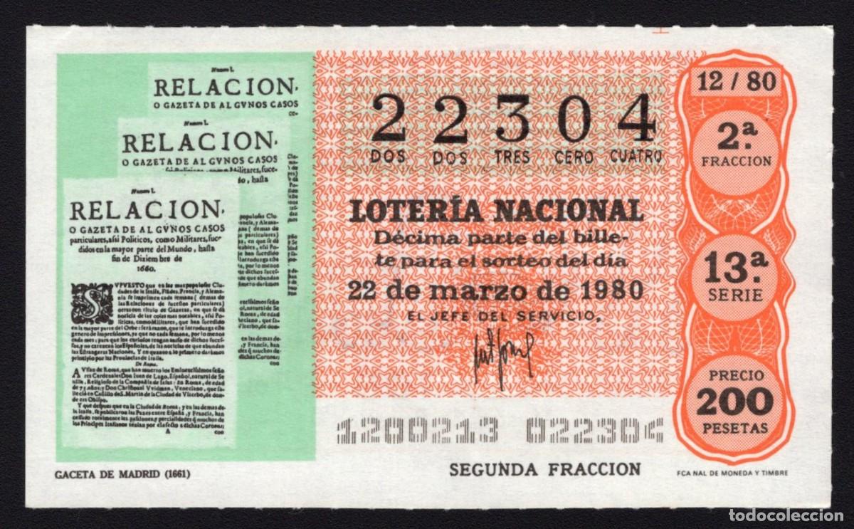 Loter&iacute;a Nacional: L. Nacional 22 Marzo 1980. Gaceta de Madrid (1661). N&ordm; 22304. Admon Alhambra. Madrid. Desaparecida.