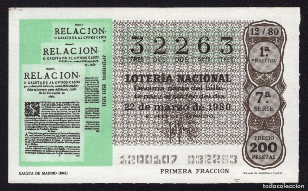 Loter&iacute;a Nacional: L. Nacional 22 Marzo 1980. Gaceta de Madrid (1661). N&ordm; 32263. Admon 51. Madrid. Desaparecida.