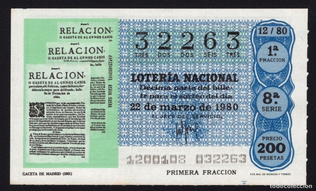 Loter&iacute;a Nacional: L. Nacional 22 Marzo 1980. Gaceta de Madrid (1661). N&ordm; 32263. Admon 51. Madrid. Desaparecida.