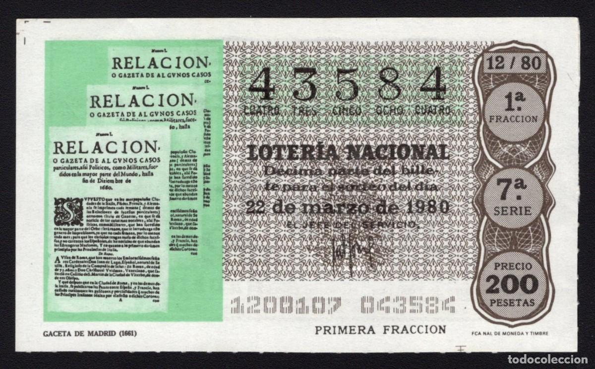 Nationale spanische Lotterie: L. Nacional 22 Marzo 1980. Gaceta de Madrid (1661). N&ordm; 43584. Admon 12 Conchita. Madrid. Desaparecid