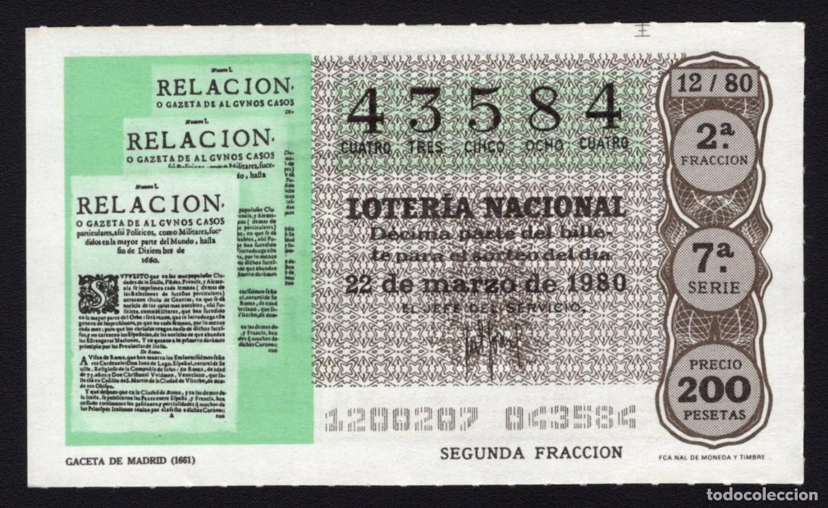 National Spanish Lottery: L. Nacional 22 Marzo 1980. Gaceta de Madrid (1661). N&ordm; 43584. Admon 12 Conchita. Madrid. Desaparecid