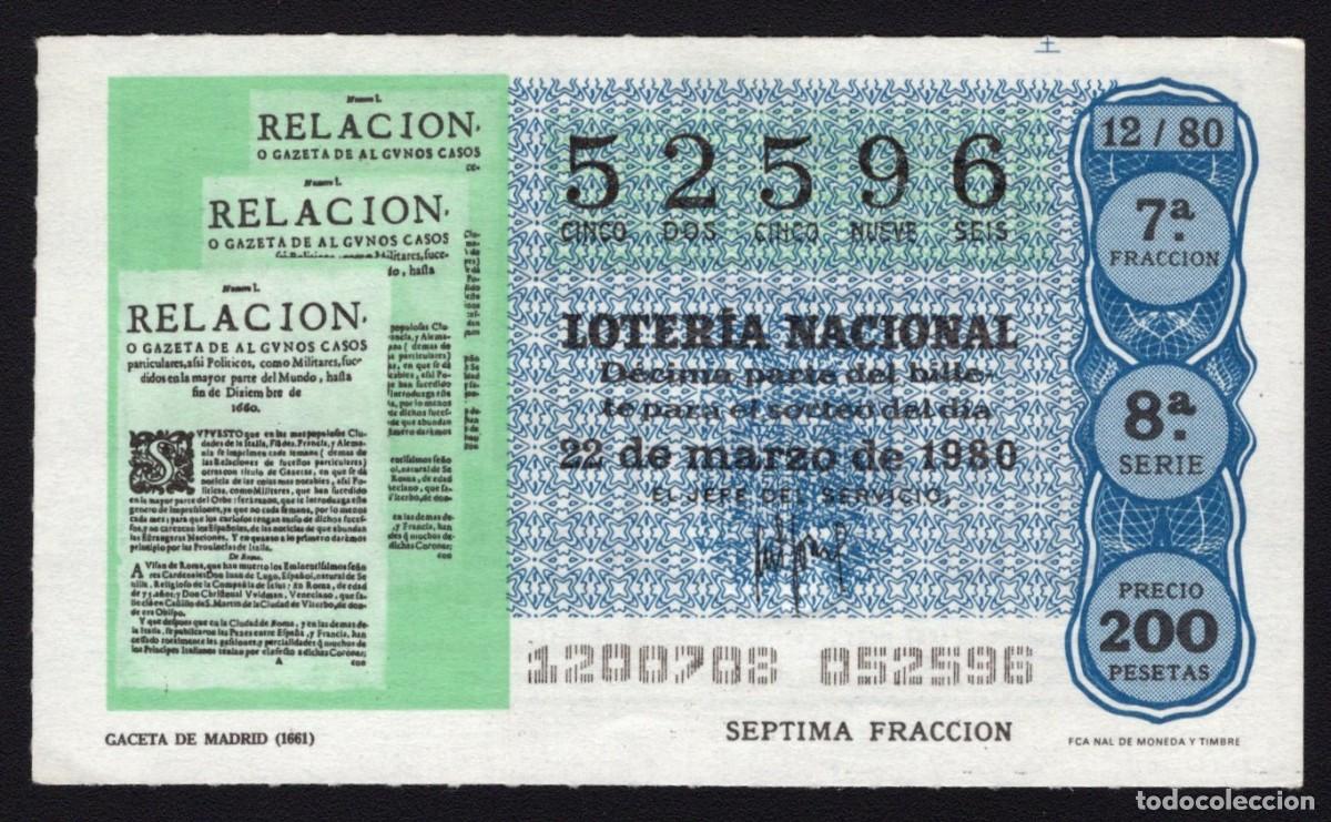 National Spanish Lottery: L. Nacional 22 Marzo 1980. Gaceta de Madrid (1661). N&ordm; 52596. Admon n&ordm; 139 Do&ntilde;a Ana. Madrid.