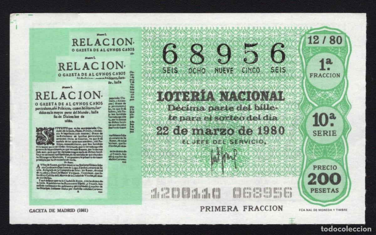 Loter&iacute;a Nacional: L. Nacional 22 Marzo 1980. Gaceta de Madrid (1661). N&ordm; 68956. Admon 12 Conchita. Madrid. Desaparecid