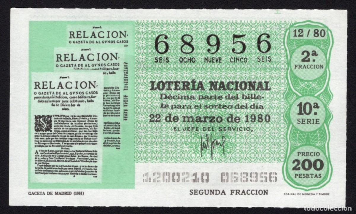 Loter&iacute;a Nacional: L. Nacional 22 Marzo 1980. Gaceta de Madrid (1661). N&ordm; 68956. Admon 12 Conchita. Madrid. Desaparecid