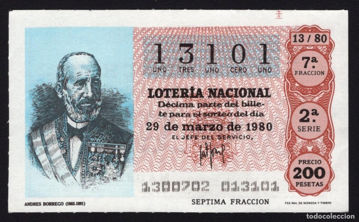 Loter&iacute;a Nacional: L. Nacional 29 Marzo 1980. Andr&eacute;s Borrego (1802-1891). N&ordm; 13101. Admon 12 Conchita. Madrid. Desapare