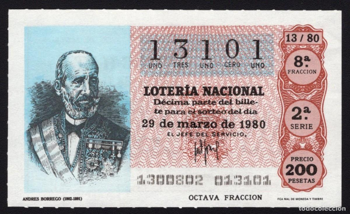 Loter&iacute;a Nacional: L. Nacional 29 Marzo 1980. Andr&eacute;s Borrego (1802-1891). N&ordm; 13101. Admon 12 Conchita. Madrid. Desapare