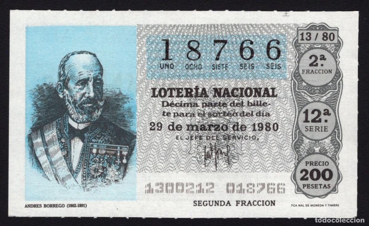 Loter&iacute;a Nacional: L. Nacional 29 Marzo 1980. Andr&eacute;s Borrego (1802-1891). N&ordm; 18766. Admon 65. Madrid. Cambio nombre.