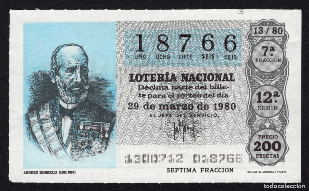 Loter&iacute;a Nacional: L. Nacional 29 Marzo 1980. Andr&eacute;s Borrego (1802-1891). N&ordm; 18766. Admon 65. Madrid. Cambio nombre.