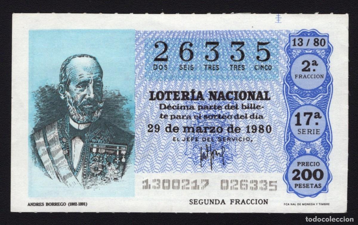 Loter&iacute;a Nacional: L. Nacional 29 de Marzo 1980. Andr&eacute;s Borrego. N&ordm; 26335. Admon. La Paloma. Madrid. Desaparecida.