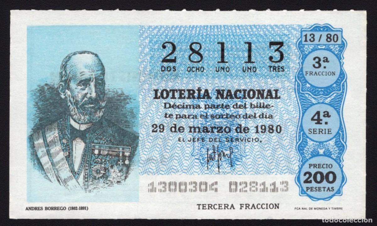 Loter&iacute;a Nacional: L. Nacional 29 de Marzo 1980. Andr&eacute;s Borrego (1802-1891). N&ordm; 28113. Admon 51. Madrid. Desaparecida.