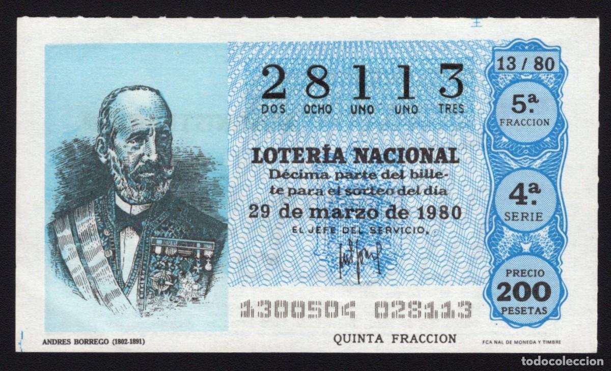 Loter&iacute;a Nacional: L. Nacional 29 de Marzo 1980. Andr&eacute;s Borrego (1802-1891). N&ordm; 28113. Admon 51. Madrid. Desaparecida.
