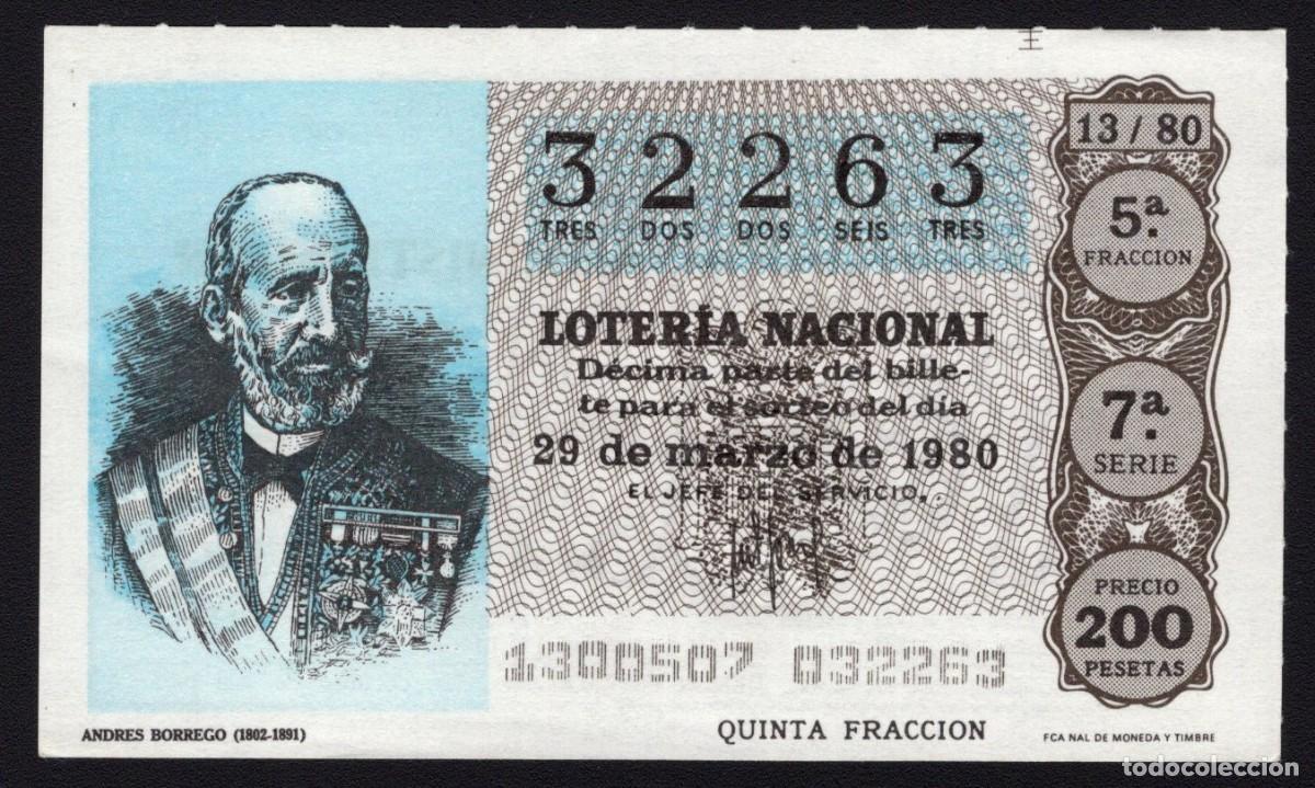 Loter&iacute;a Nacional: L. Nacional 29 de Marzo 1980. Andr&eacute;s Borrego. N&ordm; 32263. Admon 51. Madrid. Desaparecida.