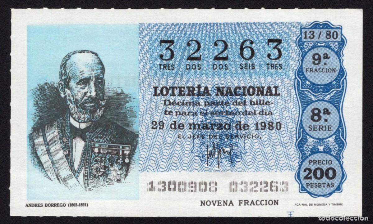 Loter&iacute;a Nacional: L. Nacional 29 de Marzo 1980. Andr&eacute;s Borrego. N&ordm; 32263. Admon 51. Madrid. Desaparecida.