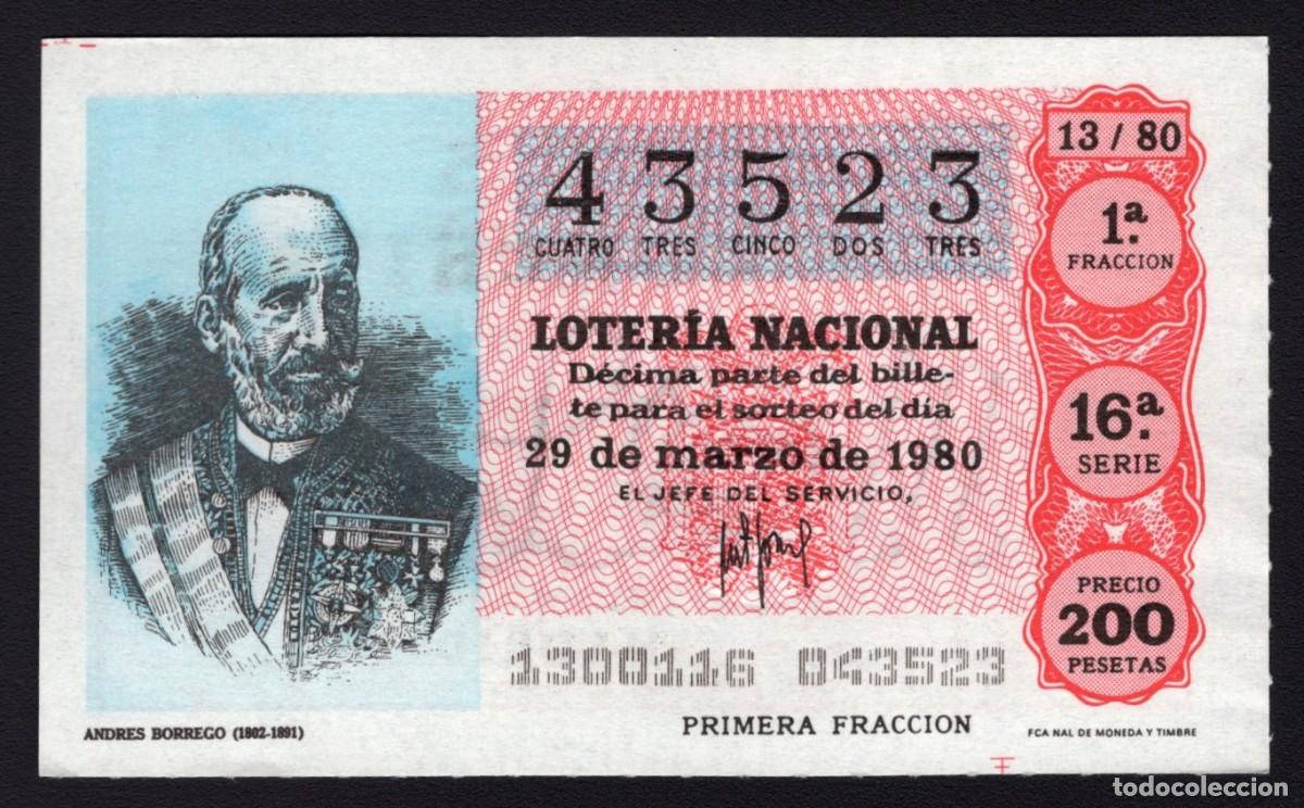 Loter&iacute;a Nacional: L. Nacional 29 de Marzo 1980. Andr&eacute;s Borrego. N&ordm; 43523. Admon 12 Conchita. Madrid. Desaparecida.