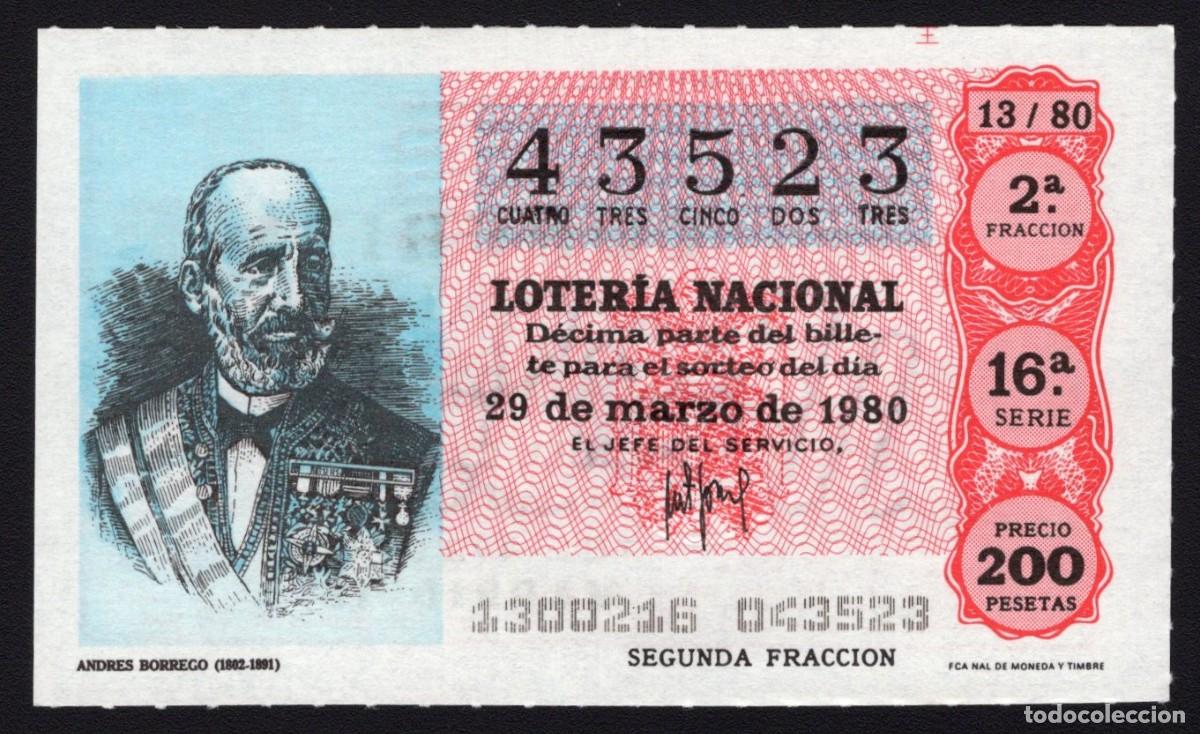 Loter&iacute;a Nacional: L. Nacional 29 de Marzo 1980. Andr&eacute;s Borrego. N&ordm; 43523. Admon 12 Conchita. Madrid. Desaparecida.