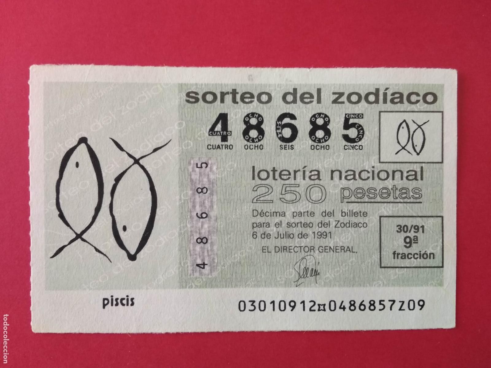 Loter&iacute;a Nacional: DECIMO DE LOTERIA NACIONAL A&Ntilde;O 1991 SORTEO DEL ZODIACO N&ordm; 30 PISCIS