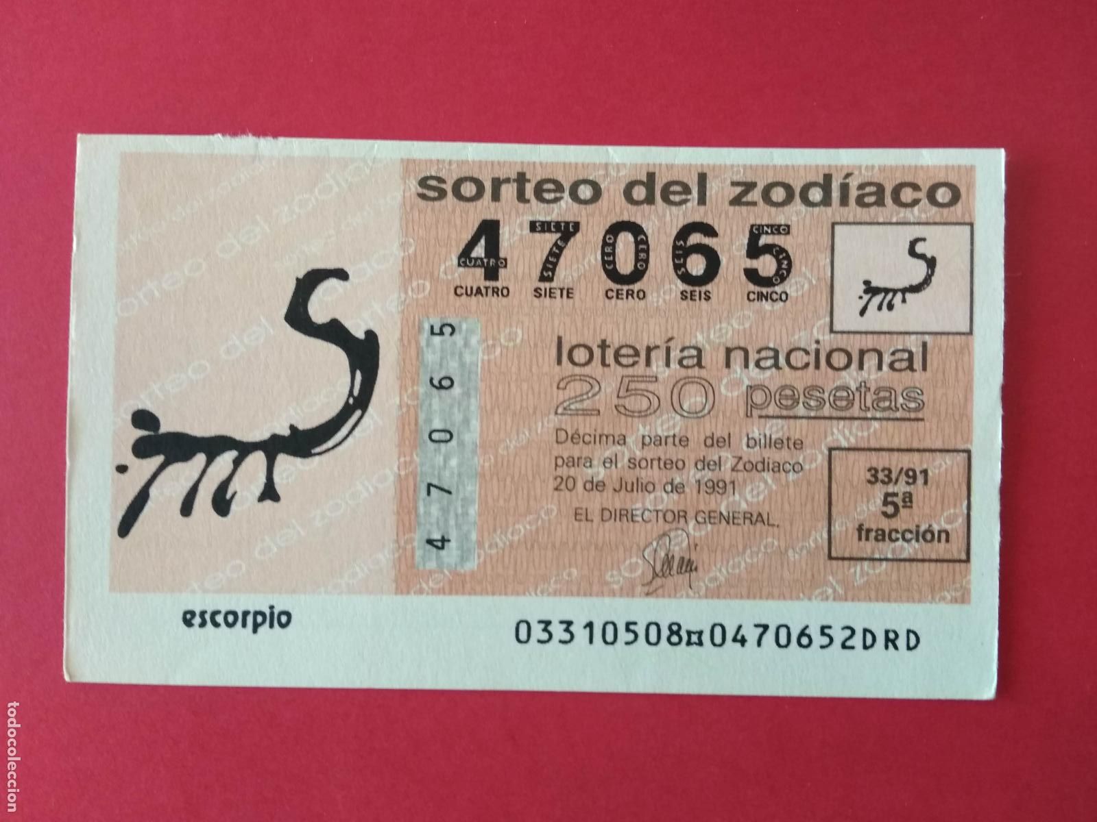 Loter&iacute;a Nacional: DECIMO DE LOTERIA NACIONAL A&Ntilde;O 1991 SORTEO DEL ZODIACO N&ordm; 33 ESCORPIO