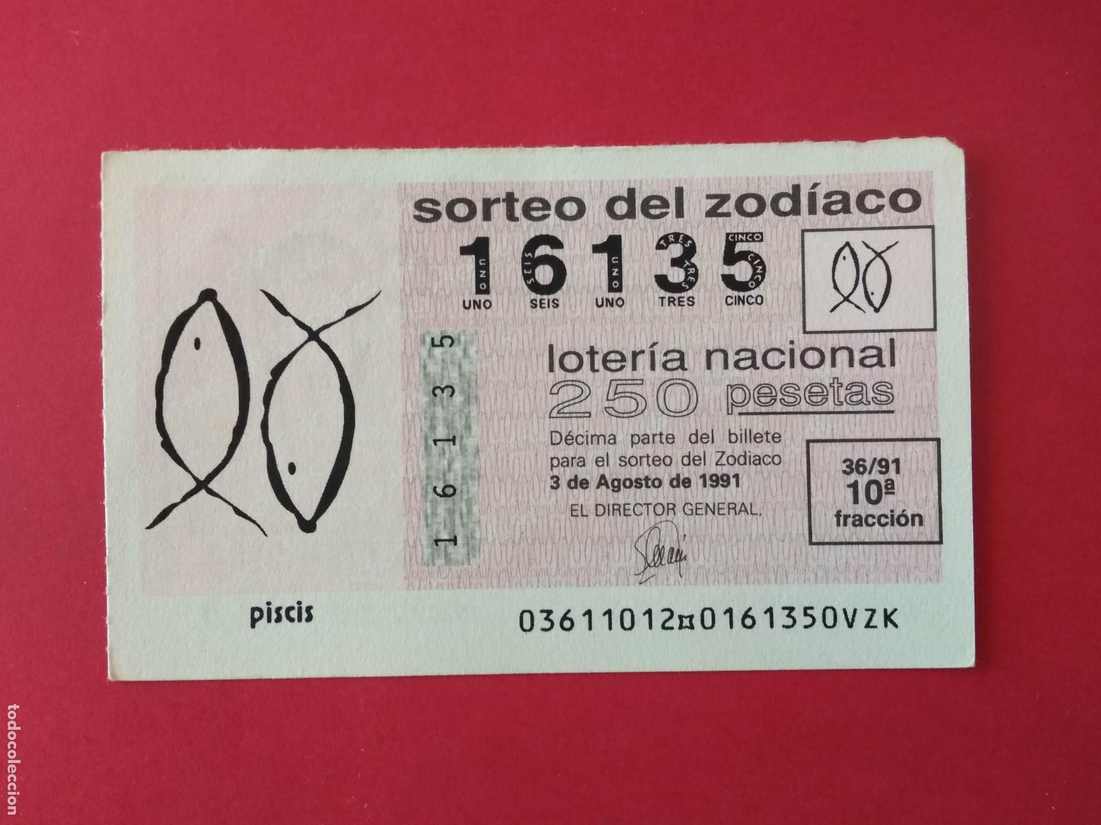 Loter&iacute;a Nacional: DECIMO DE LOTERIA NACIONAL A&Ntilde;O 1991 SORTEO DEL ZODIACO N&ordm; 36 PISCIS