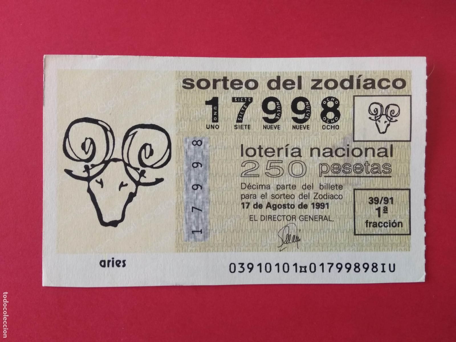 Loter&iacute;a Nacional: DECIMO DE LOTERIA NACIONAL A&Ntilde;O 1991 SORTEO DEL ZODIACO N&ordm; 39 ARIES