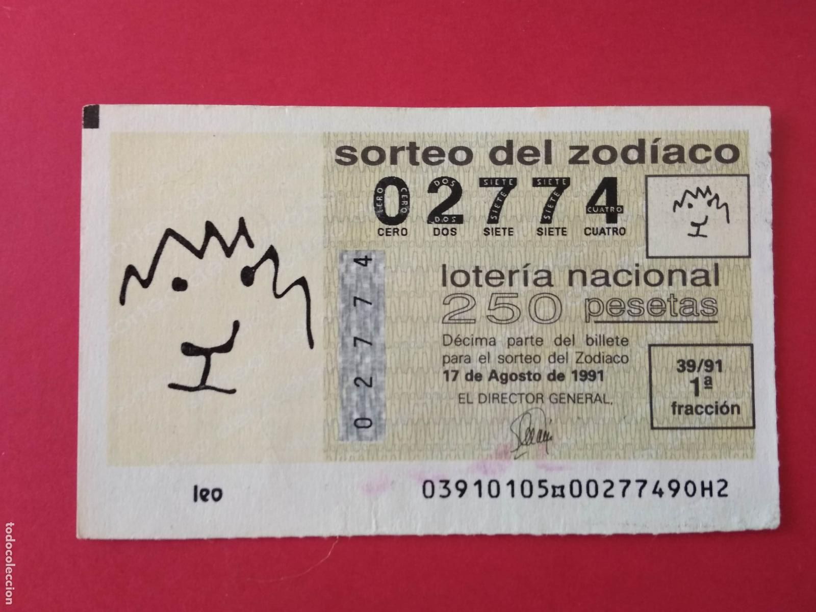 National Spanish Lottery: DECIMO DE LOTERIA NACIONAL A&Ntilde;O 1991 SORTEO DEL ZODIACO N&ordm; 39 LEO