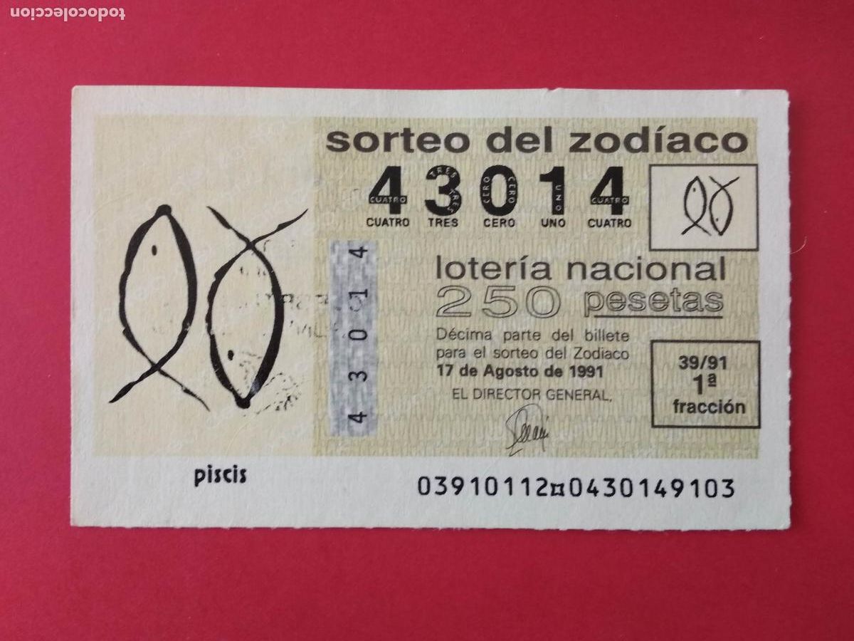 National Spanish Lottery: DECIMO DE LOTERIA NACIONAL A&Ntilde;O 1991 SORTEO DEL ZODIACO N&ordm; 39 PISCIS