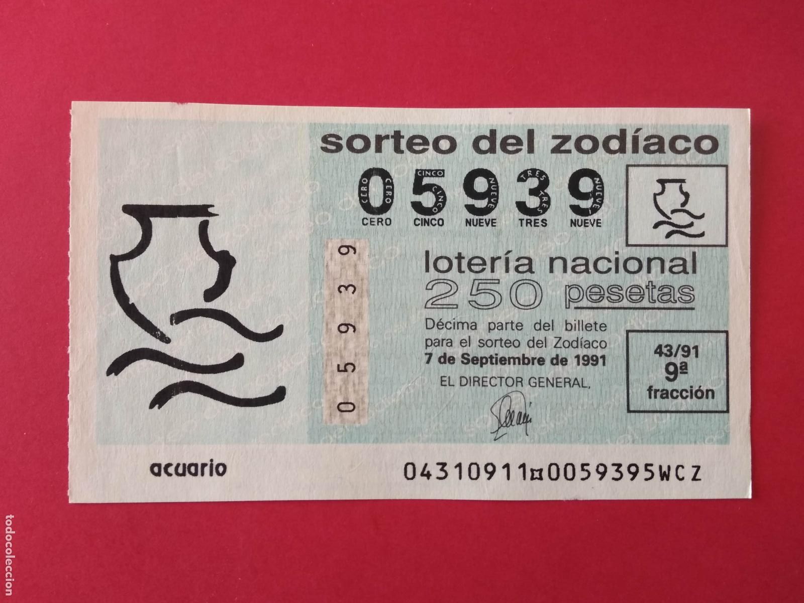 Loter&iacute;a Nacional: DECIMO DE LOTERIA NACIONAL A&Ntilde;O 1991 SORTEO DEL ZODIACO N&ordm; 43 ACUARIO