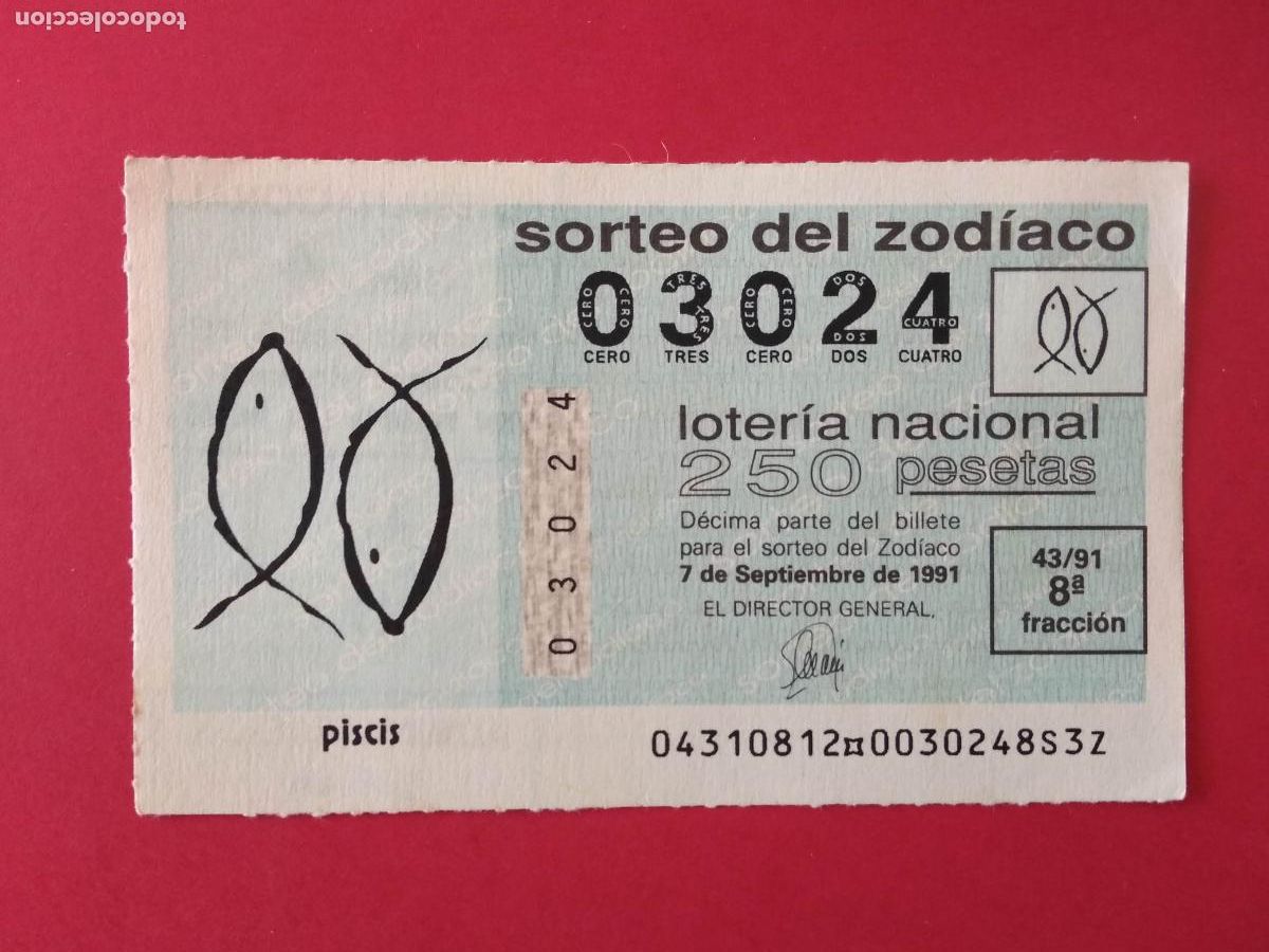 Loter&iacute;a Nacional: DECIMO DE LOTERIA NACIONAL A&Ntilde;O 1991 SORTEO DEL ZODIACO N&ordm; 43 PISCIS