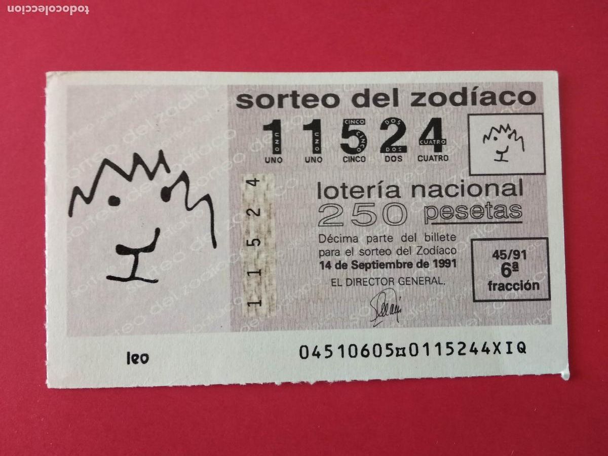 Loter&iacute;a Nacional: DECIMO DE LOTERIA NACIONAL A&Ntilde;O 1991 SORTEO DEL ZODIACO N&ordm; 45 LEO