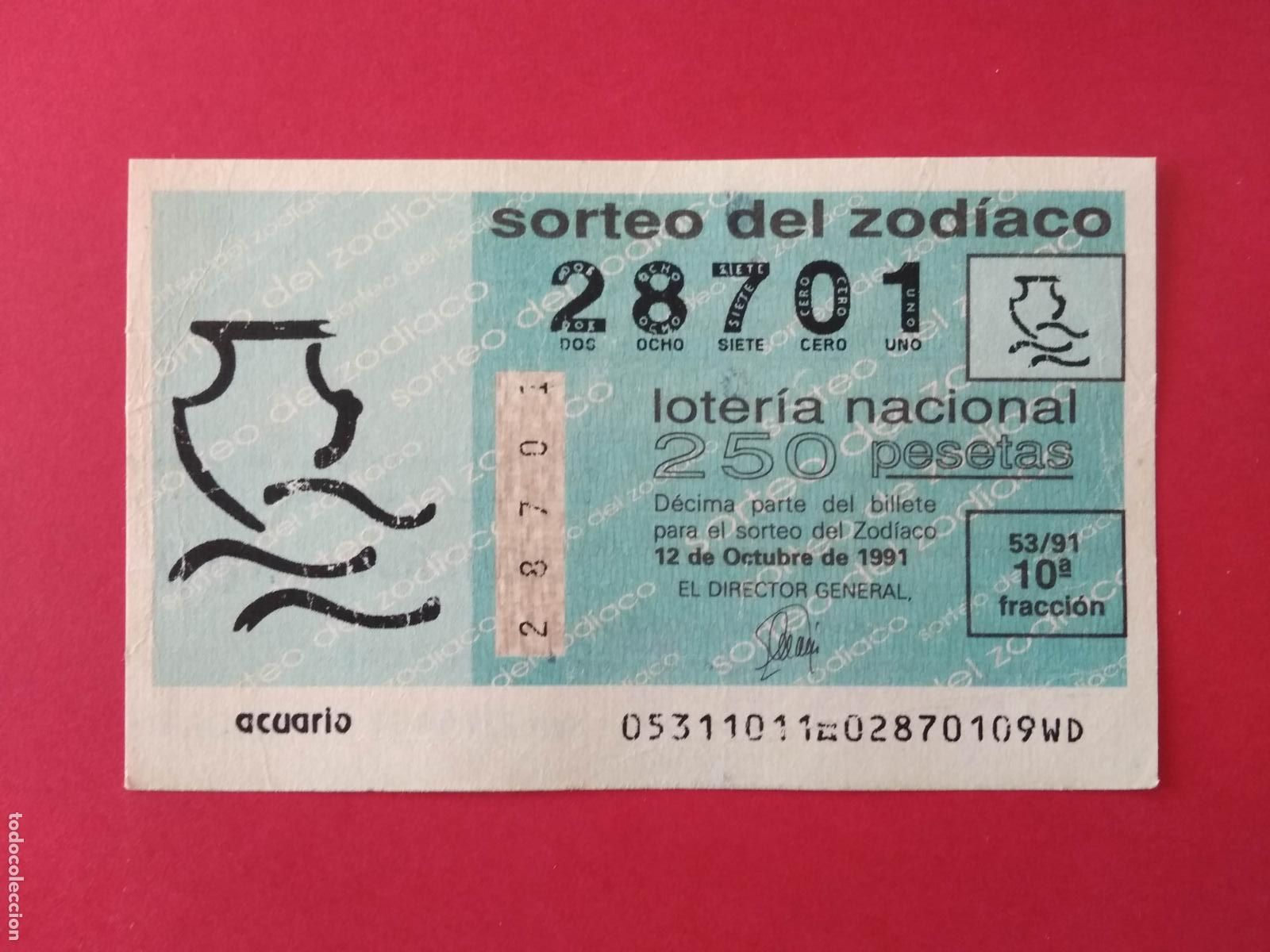 Loter&iacute;a Nacional: DECIMO DE LOTERIA NACIONAL A&Ntilde;O 1991 SORTEO DEL ZODIACO N&ordm; 53 ACUARIO