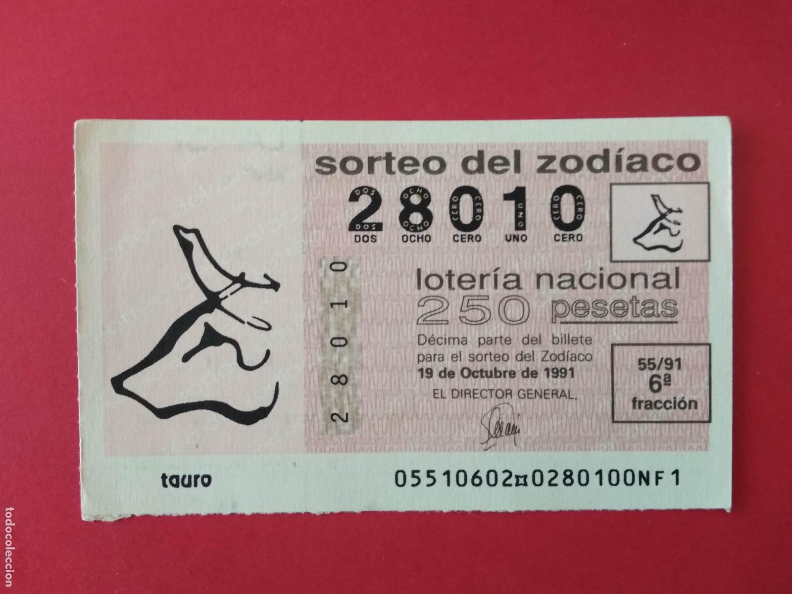 Loter&iacute;a Nacional: DECIMO DE LOTERIA NACIONAL A&Ntilde;O 1991 SORTEO DEL ZODIACO N&ordm; 55 TAURO