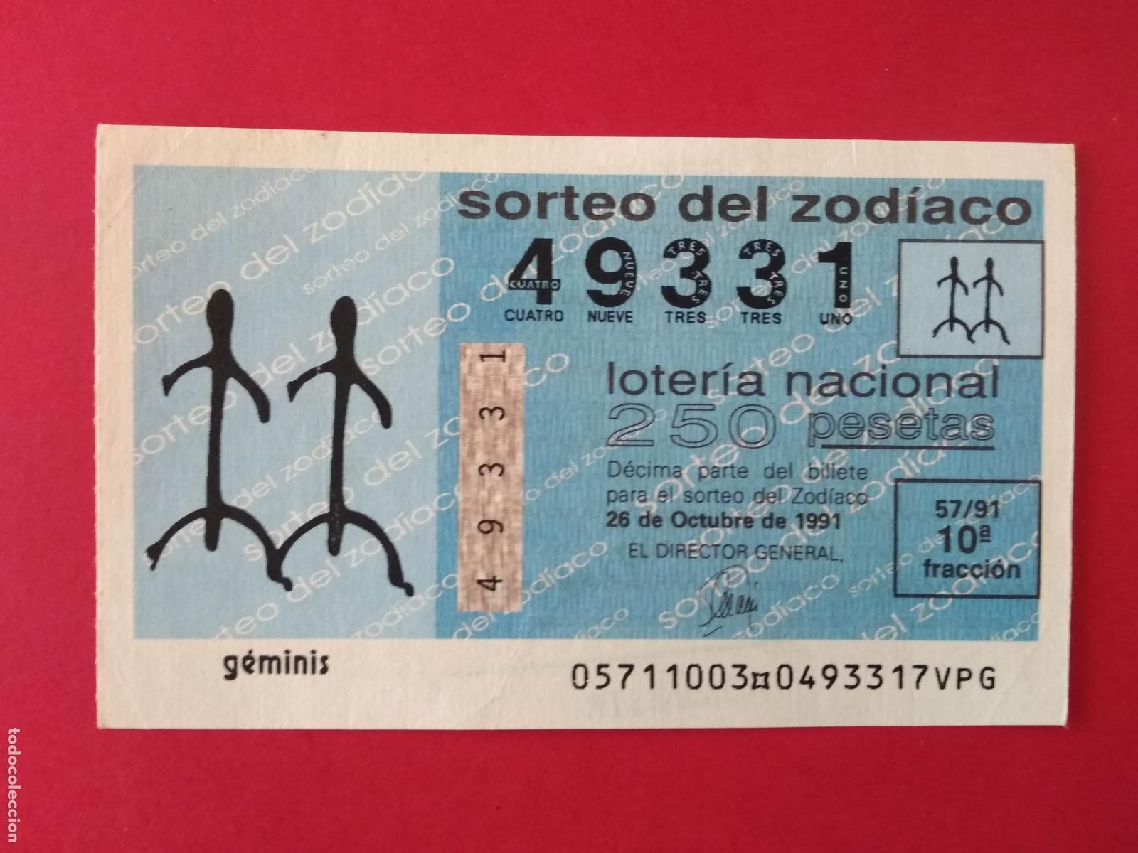 Loter&iacute;a Nacional: DECIMO DE LOTERIA NACIONAL A&Ntilde;O 1991 SORTEO DEL ZODIACO N&ordm; 57 GEMINIS