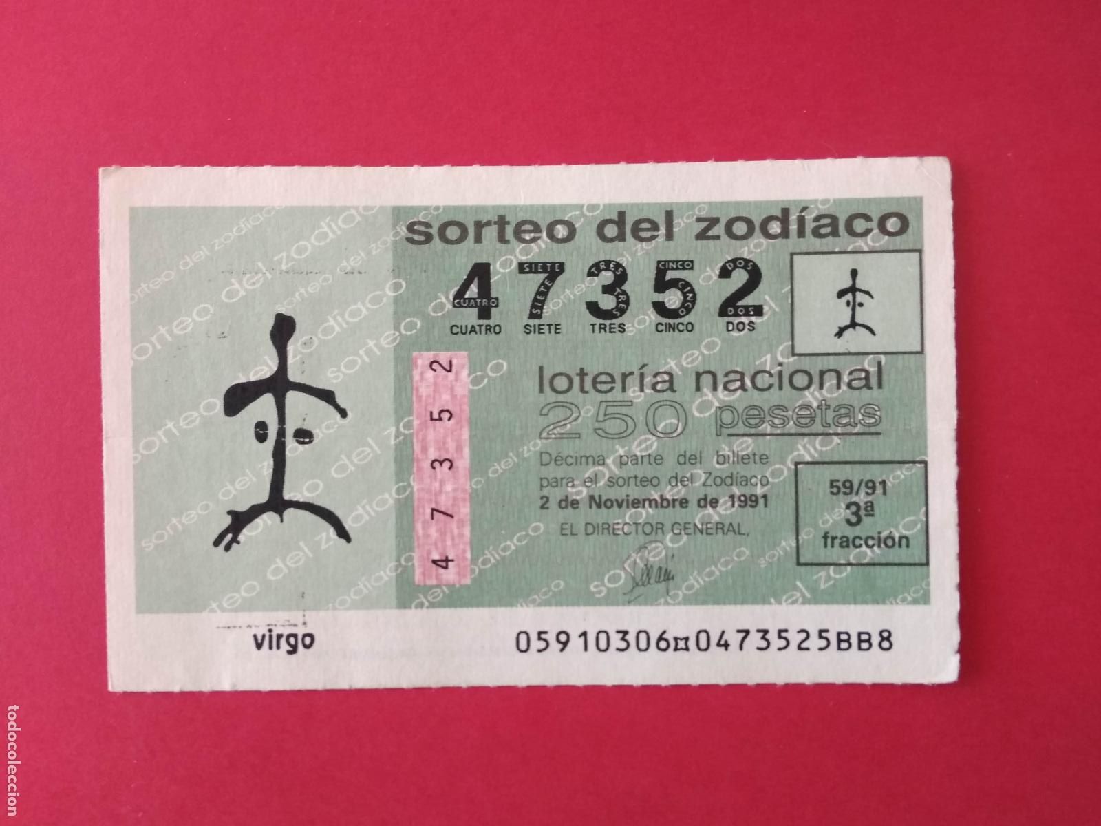Loter&iacute;a Nacional: DECIMO DE LOTERIA NACIONAL A&Ntilde;O 1991 SORTEO DEL ZODIACO N&ordm; 59 VIRGO