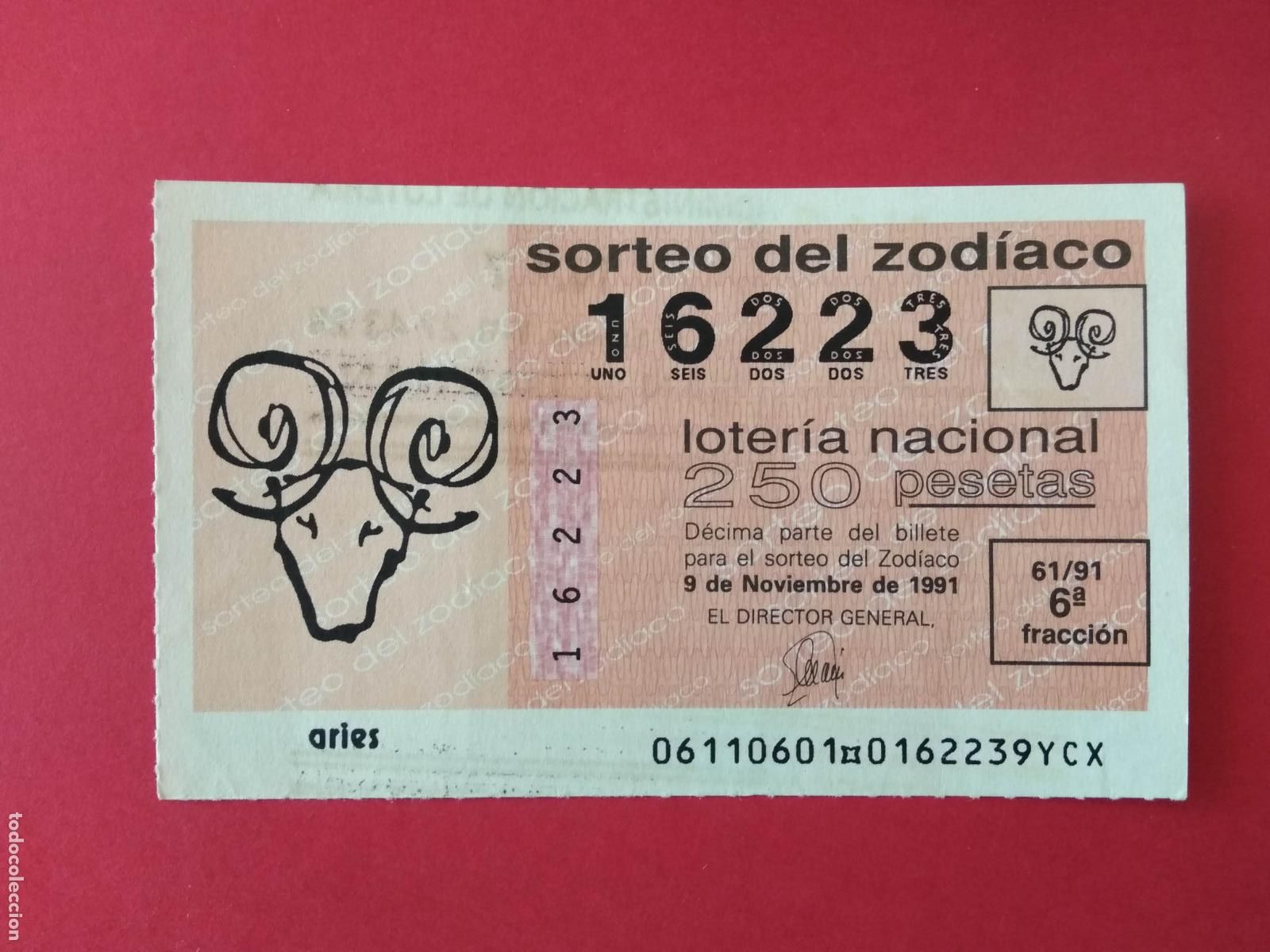Loter&iacute;a Nacional: DECIMO DE LOTERIA NACIONAL A&Ntilde;O 1991 SORTEO DEL ZODIACO N&ordm; 61 ARIES