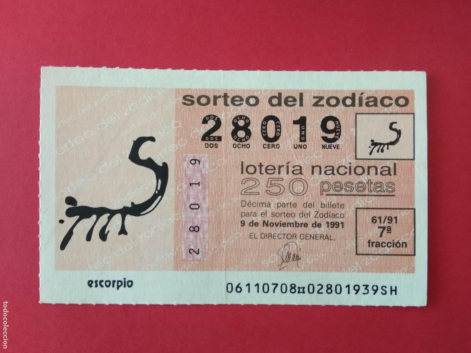 Loter&iacute;a Nacional: DECIMO DE LOTERIA NACIONAL A&Ntilde;O 1991 SORTEO DEL ZODIACO N&ordm; 61 ESCORPIO