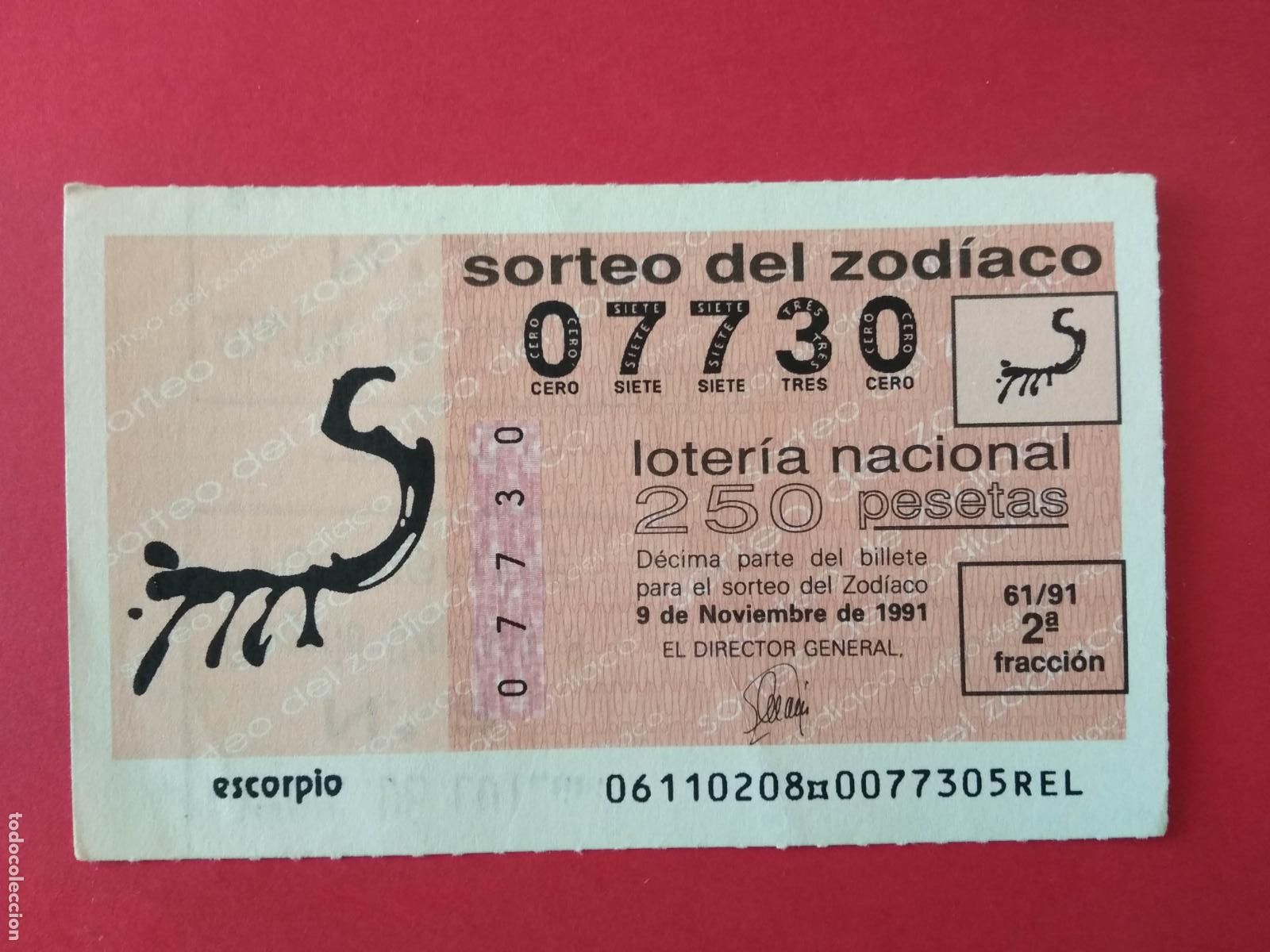 Loter&iacute;a Nacional: DECIMO DE LOTERIA NACIONAL A&Ntilde;O 1991 SORTEO DEL ZODIACO N&ordm; 61 ESCORPIO