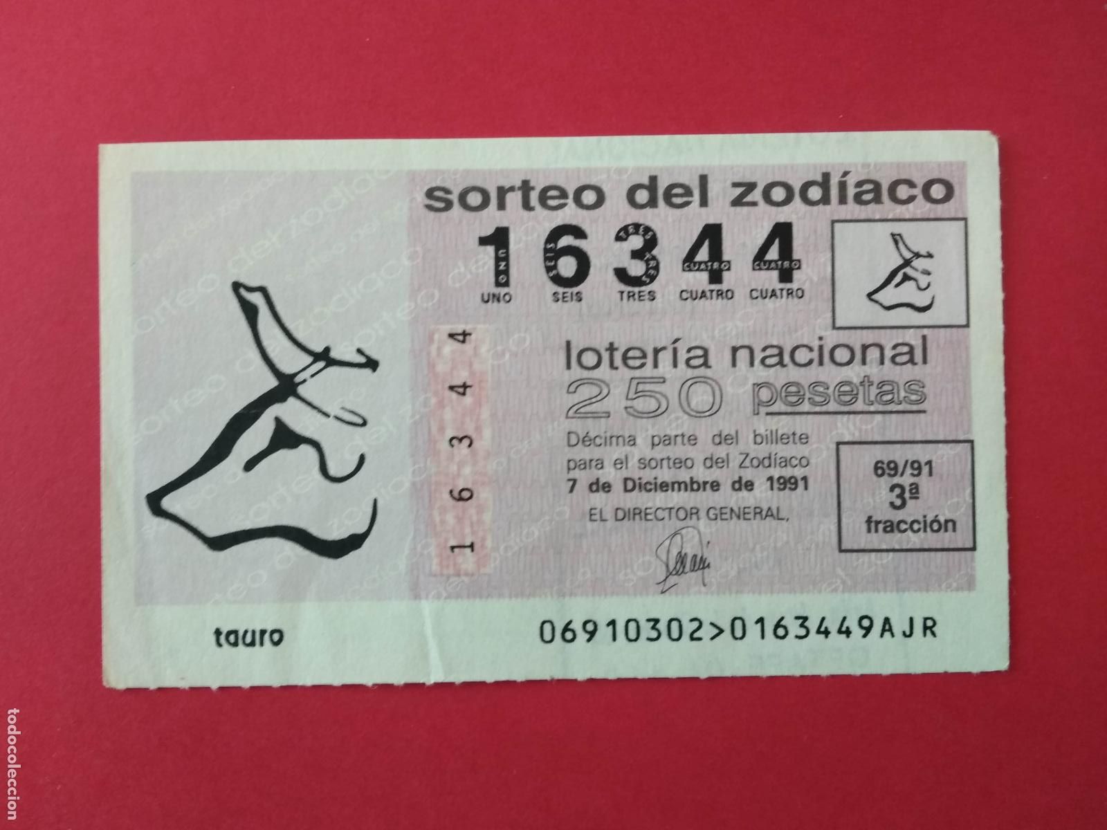 Loter&iacute;a Nacional: DECIMO DE LOTERIA NACIONAL A&Ntilde;O 1991 SORTEO DEL ZODIACO N&ordm; 69 TAURO
