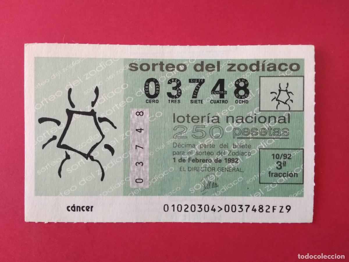 Loter&iacute;a Nacional: DECIMO DE LOTERIA NACIONAL A&Ntilde;O 1992 SORTEO DEL ZODIACO N&ordm; 10 CANCER