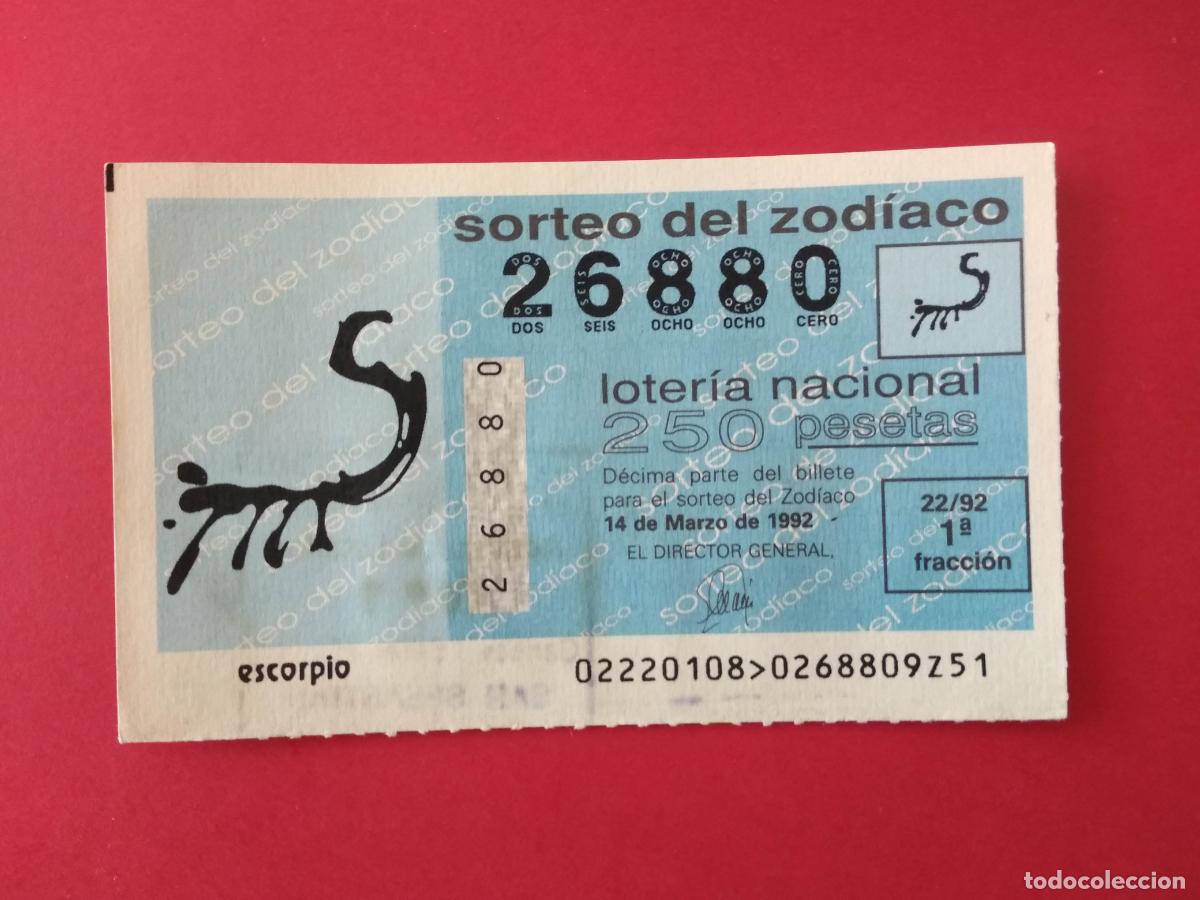 Loter&iacute;a Nacional: DECIMO DE LOTERIA NACIONAL A&Ntilde;O 1992 SORTEO DEL ZODIACO N&ordm; 22 ESCORPIO