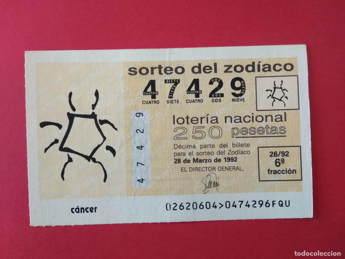 Loter&iacute;a Nacional: DECIMO DE LOTERIA NACIONAL A&Ntilde;O 1992 SORTEO DEL ZODIACO N&ordm; 26 CANCER