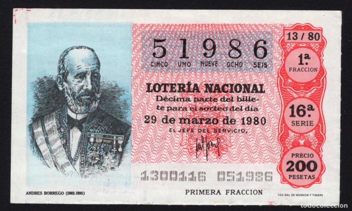 Loter&iacute;a Nacional: L. Nacional 29 de Marzo 1980. Andr&eacute;s Borrego. N&ordm; 51986. Admon. 111. Madrid.