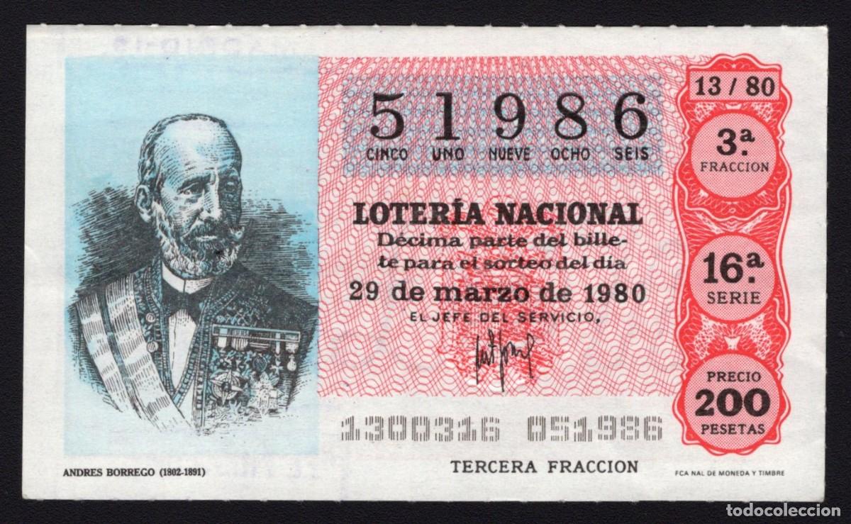 Loter&iacute;a Nacional: L. Nacional 29 de Marzo 1980. Andr&eacute;s Borrego. N&ordm; 51986. Admon. 111. Madrid.