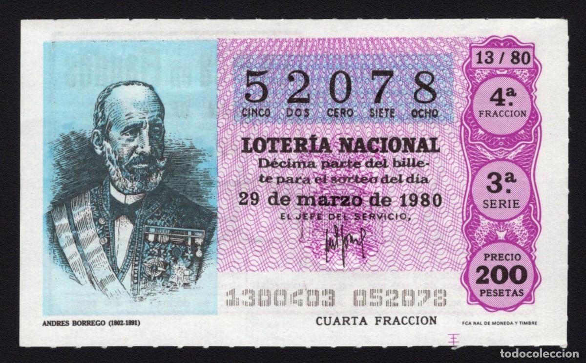 Loter&iacute;a Nacional: L. Nacional 29 de Marzo 1980. Andr&eacute;s Borrego. N&ordm; 52078. Admon. 125 La Pica en Flandes. Madrid. Desap