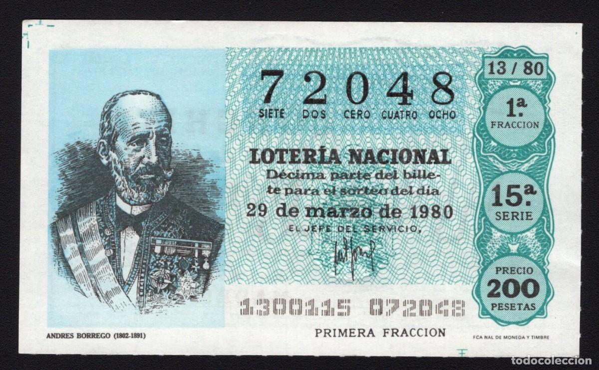 Loter&iacute;a Nacional: L. Nacional 29 de Marzo 1980. Andr&eacute;s Borrego. N&ordm; 72048. Admon 12 Conchita. Madrid. Desaparecida.