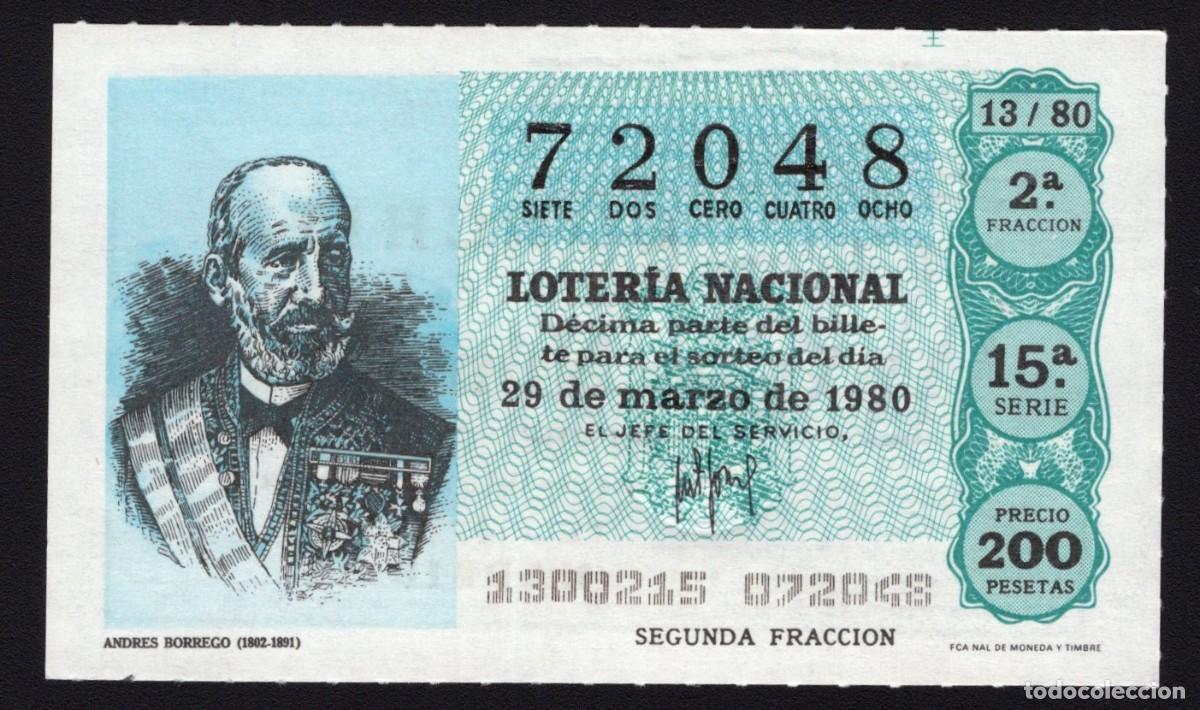 Loter&iacute;a Nacional: L. Nacional 29 de Marzo 1980. Andr&eacute;s Borrego. N&ordm; 72048. Admon 12 Conchita. Madrid. Desaparecida.