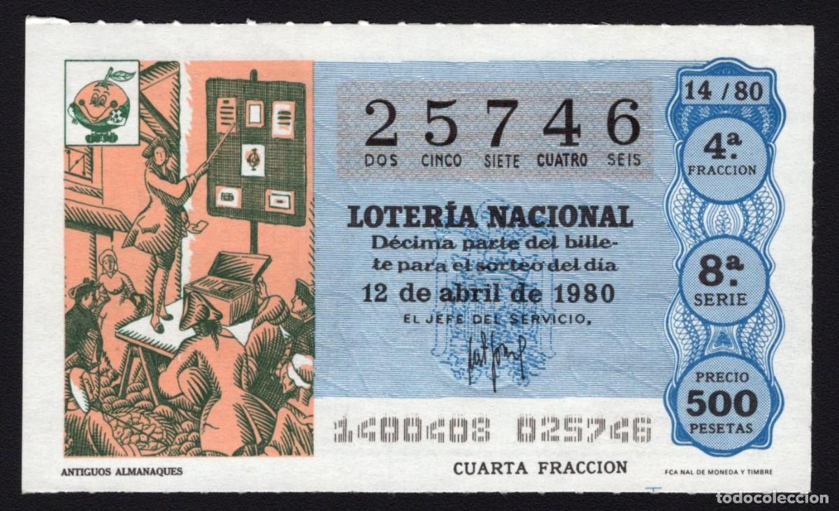 Loter&iacute;a Nacional: L. Nacional 12 Abril 1980. Antiguos Almanaques. N&ordm; 25746. Admon. La Paloma. Madrid. Desaparecida.