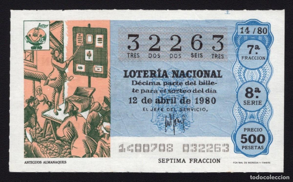 Loter&iacute;a Nacional: L. Nacional 12 Abril 1980. Antiguos Almanaques. N&ordm; 32263. Admon 51. Madrid. Desaparecida.